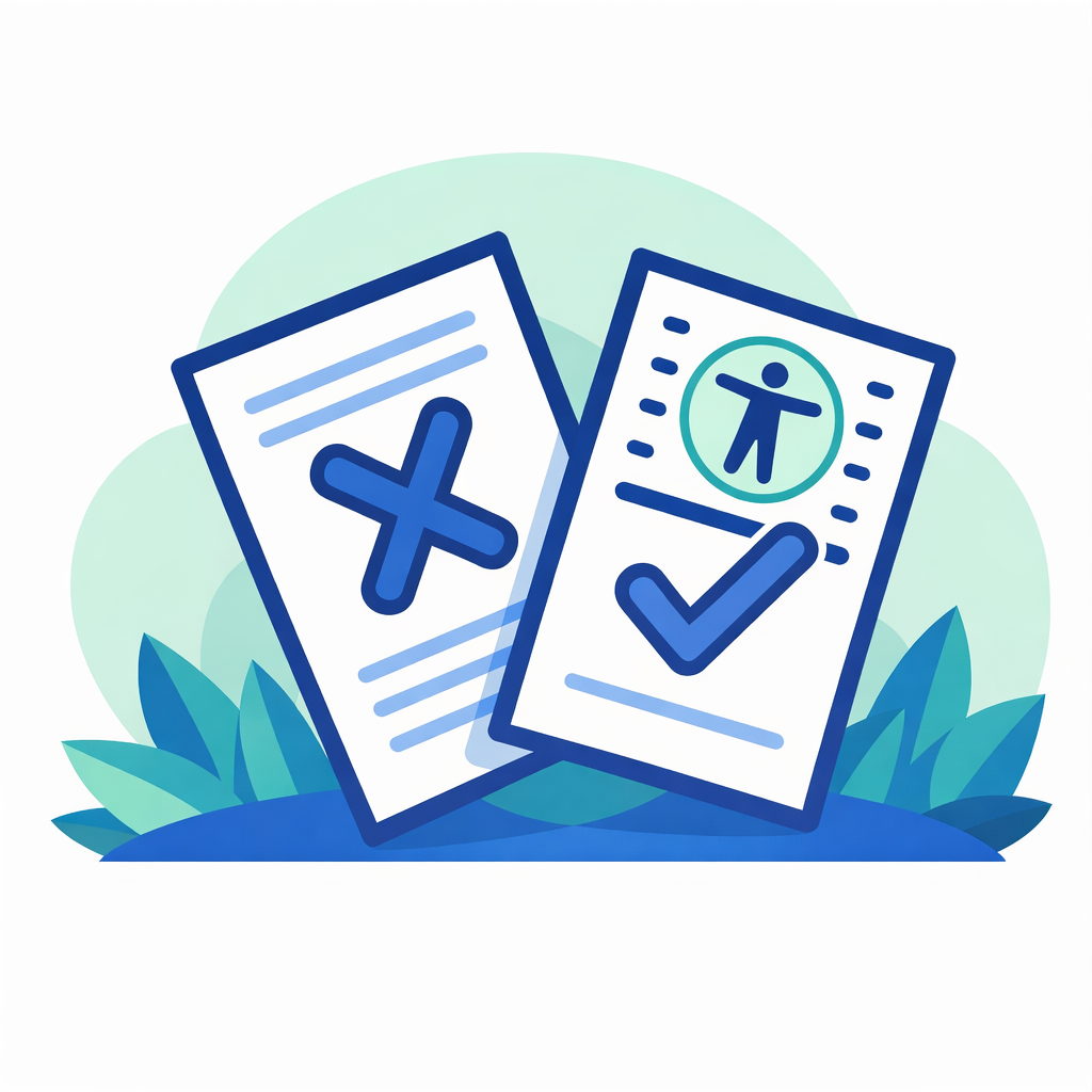 Two accessibility evaluation reports, one marked with an X and one showing the accessibility symbol and a checkmark