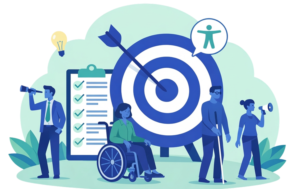Illustration of a person reviewing a prioritized accessibility plan on a clipboard.