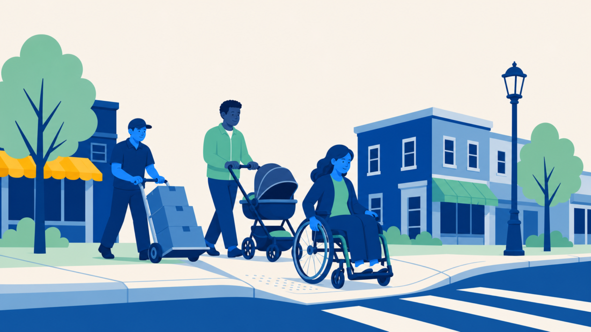 A wheelchair user, a parent with a stroller, and a delivery worker all use the same sidewalk curb cut on a sunny street.