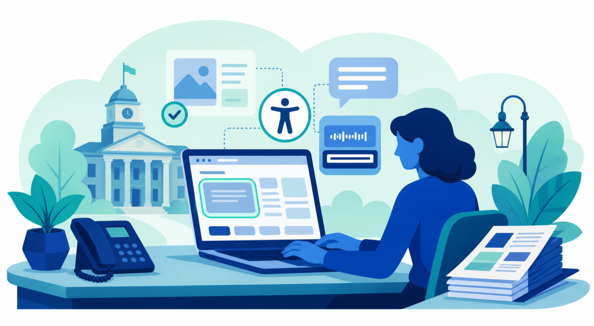 Illustration of a municipal service desk with a laptop, phone, and public documents representing accessible digital services.