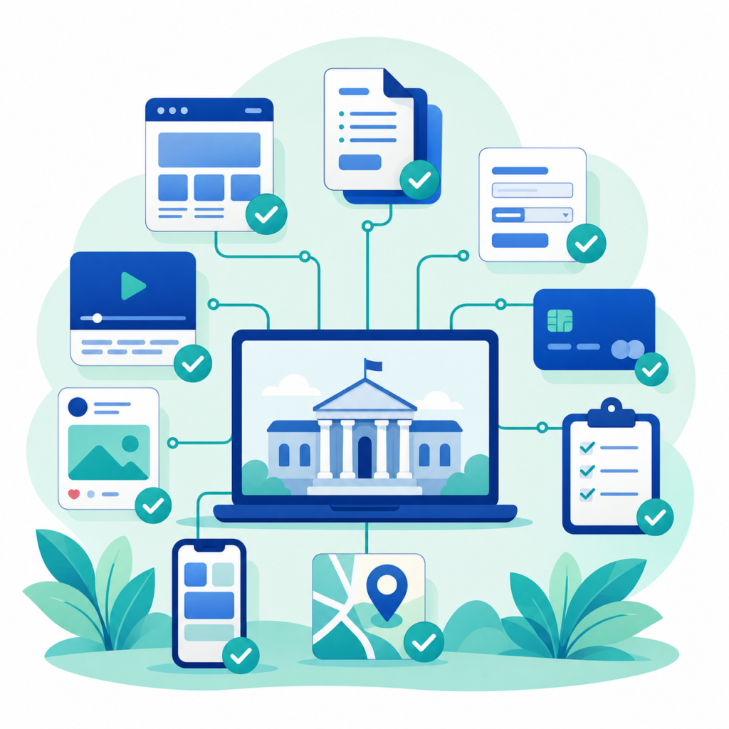 Icons representing municipal digital channels, including a website, PDF, form, payment portal, video, social media, and mobile app.