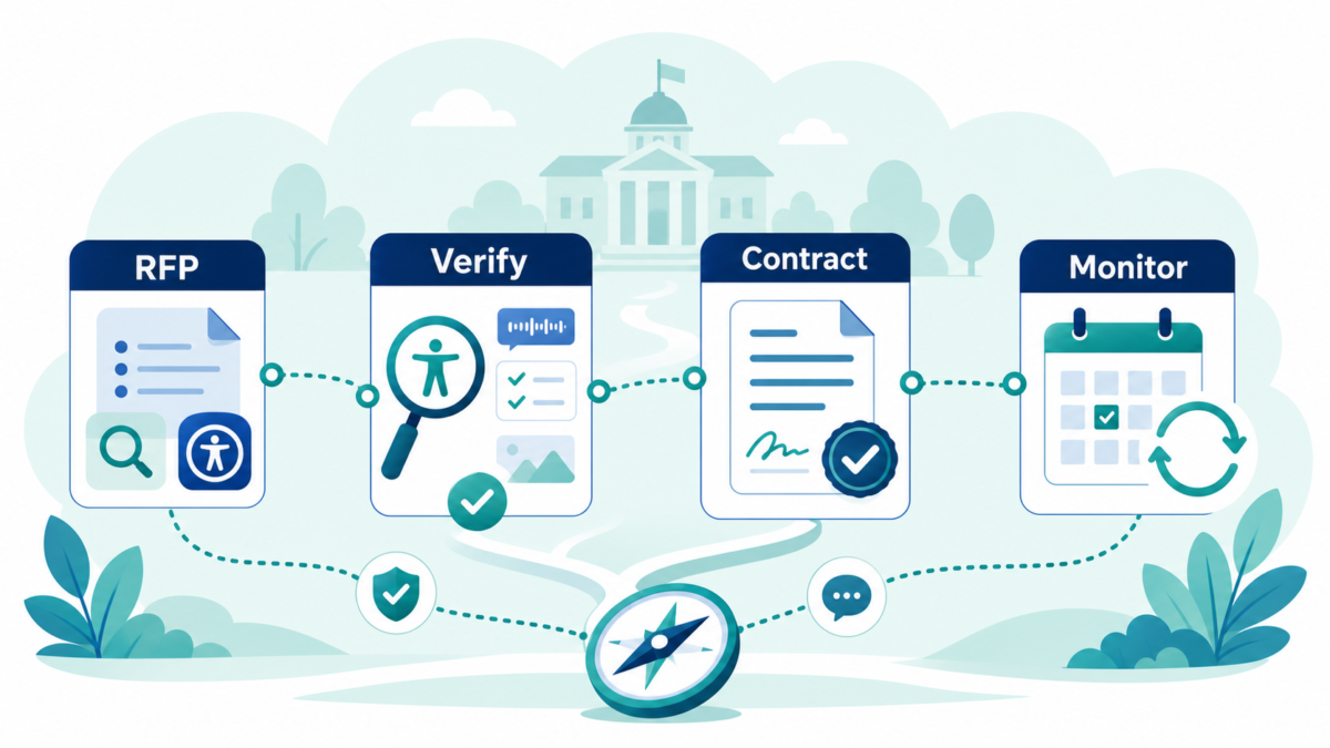 Illustration of an accessibility procurement governance path moving from RFP to Verify to Contract to Monitor